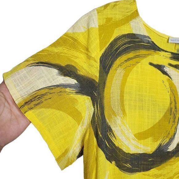 Made in Italy Abstract Print Cotton/Linen Blend Yellow Midi Dress Size 10 - Picture 3 of 9